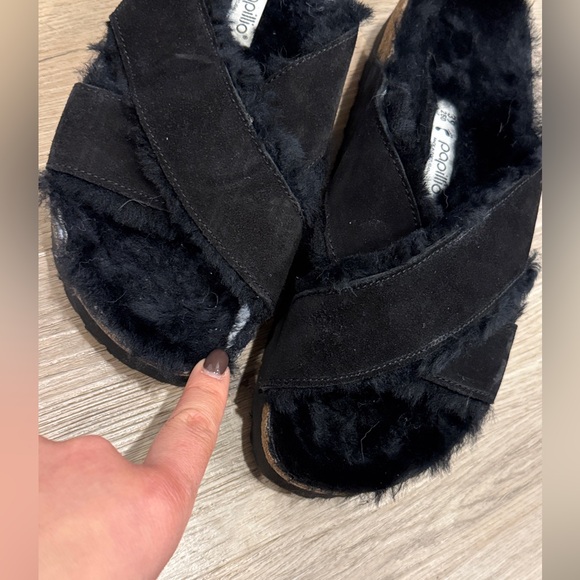 Papillio By Birkenstock Daytona Shearling Sandal Black Fuzzy Slide - Picture 4 of 5